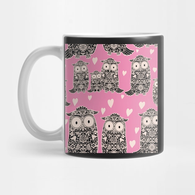 Folk Art Owls and Owlets with hearts on pink by NattyDesigns